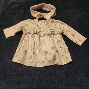 Little Me 3 Months Pink Dress With Gold Screen Print Hearts & Headband